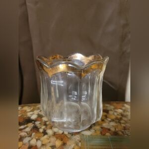 vintage heisey colonia glass‎ spoon holder scalloped gold top starburst bottom
